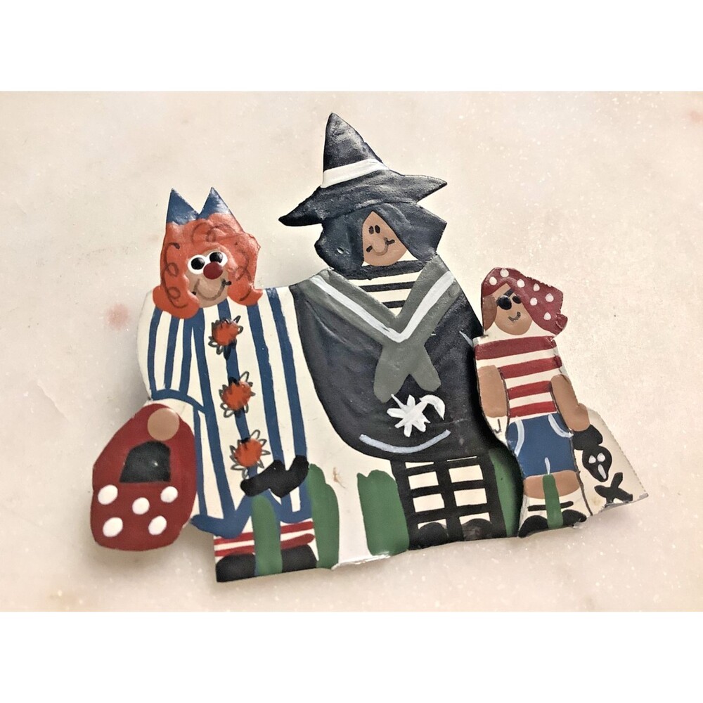 Halloween Brooch Folk Art Metal Trick-Or-Treat Costume Layered Hand Painted Pin